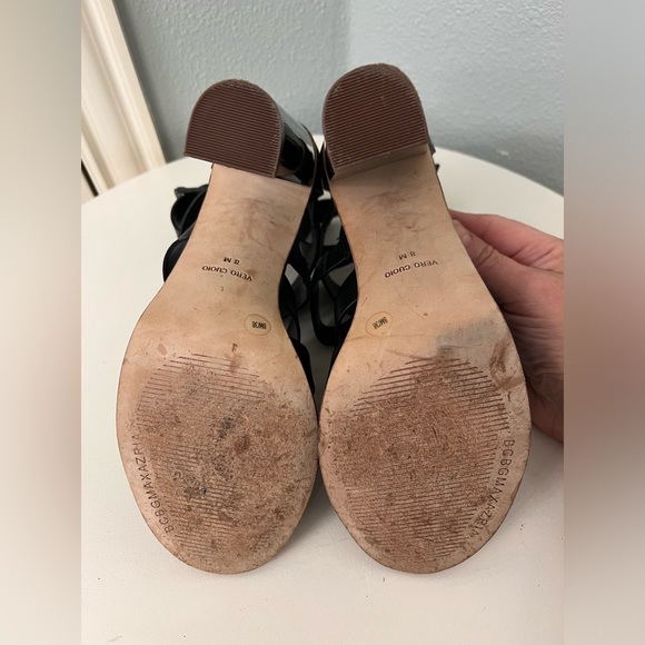 BCBG Max Azria black leather strappy sandal with chunky metallic heel. Size 8M. - Picture 4 of 7